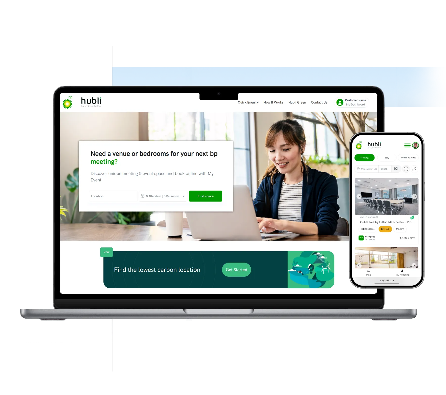 Enterprise meetings procurement platform, hubli whitelabel on a laptop and phone